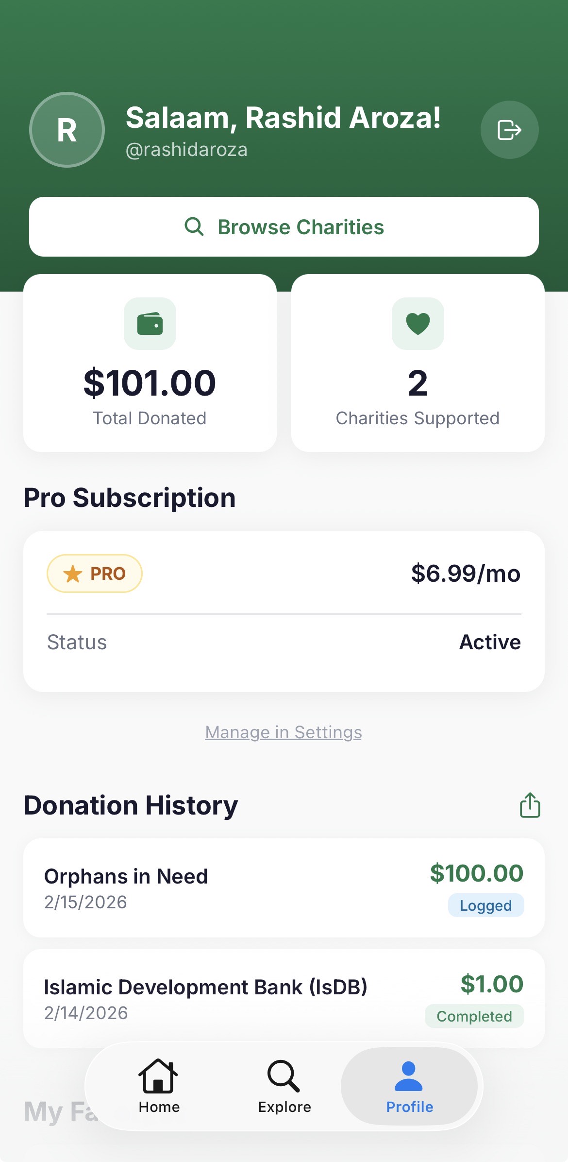 Profile and donation tracking